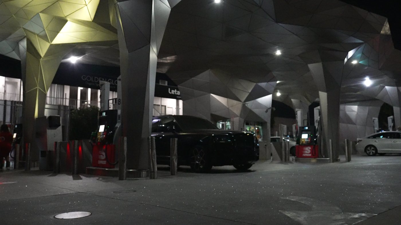Gas station at night, C0385, raw