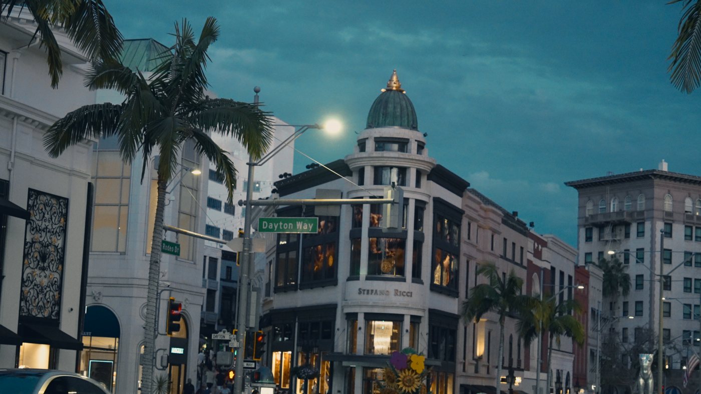 Rodeo Drive, blue hour, C0475, graded with Dusk